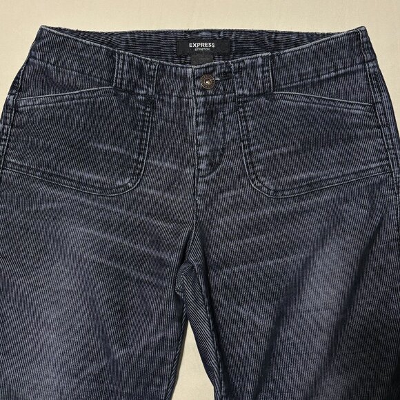 Express Stretch Navy Corduroy Pants Womens 3/4 Inseam 32 Straight Leg Ankle Slit - Picture 1 of 13